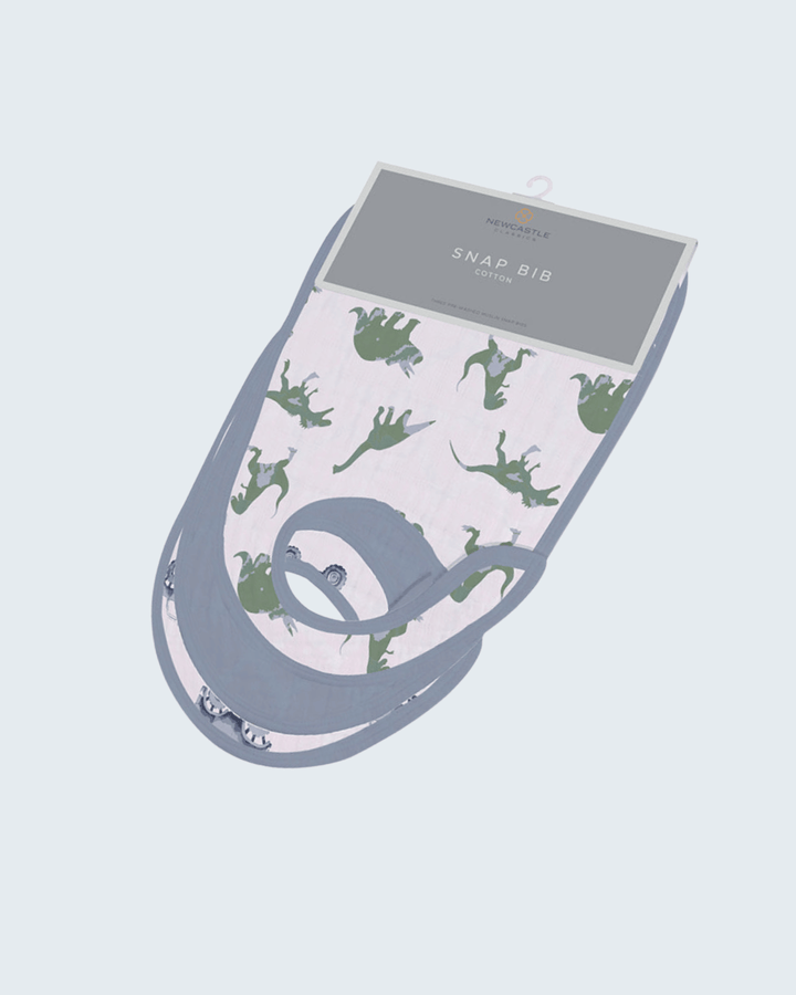 Baby bib with frog pattern and packaging on a light blue background