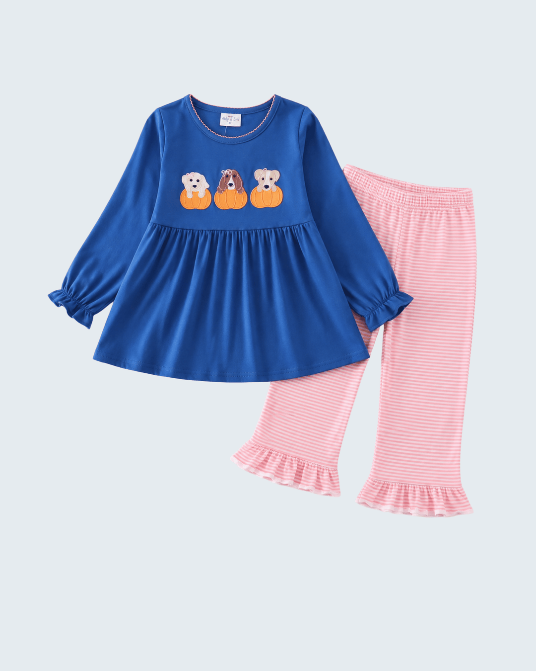 Royal blue dog embroidery peplum top with pink striped ruffle pants set