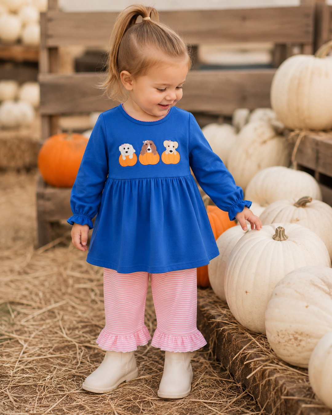 Blue peplum tunic and pink striped ruffle pants set with dog embroidery