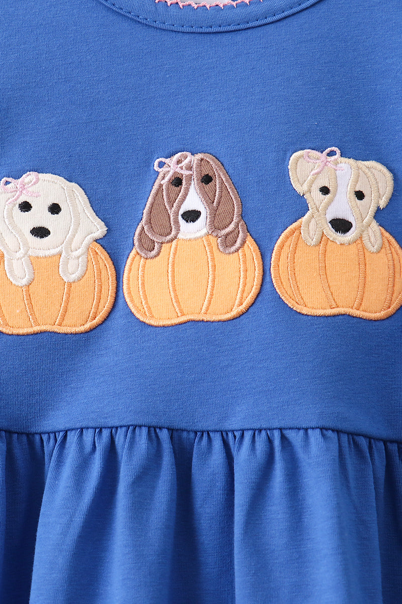 Royal blue long-sleeve peplum top with three dog face embroidery