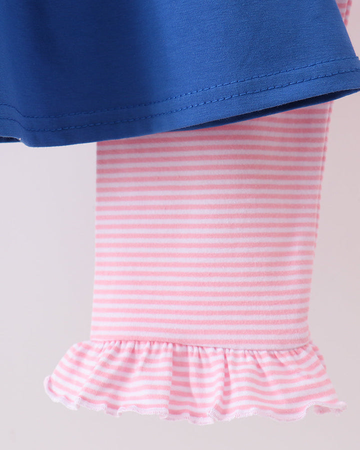 Royal blue pants set with pink-and-white striped ruffle-leg hem