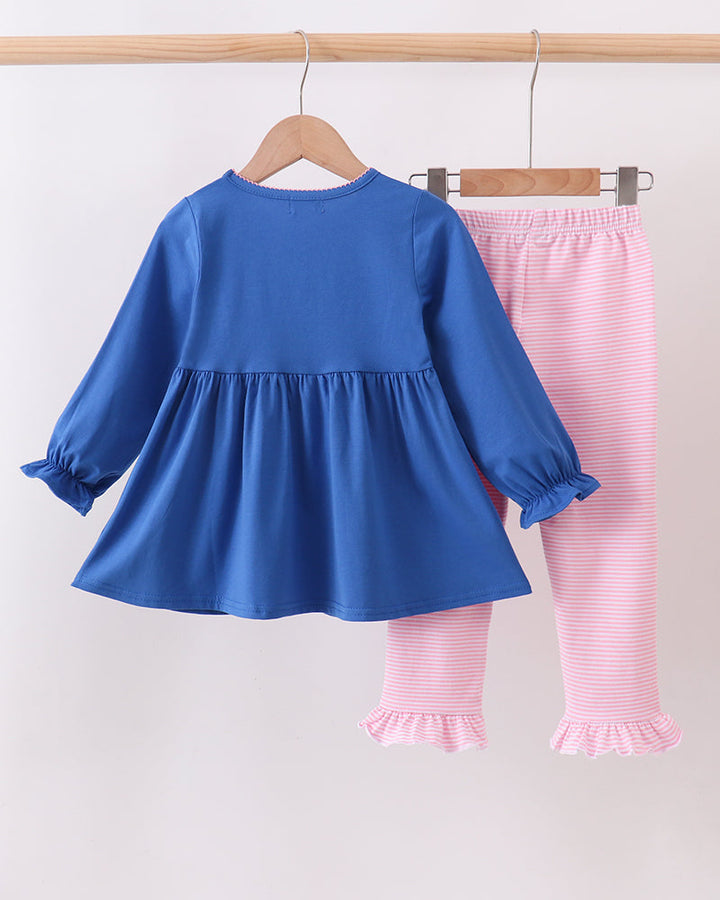 Royal blue long-sleeve peplum top and pink striped ruffle pants set