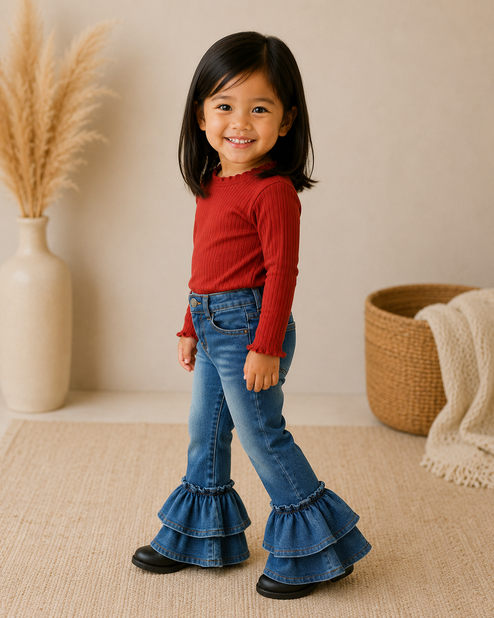 A young girl with dark hair smiling and posing in a red ribbed long-sleeve top and blue denim flare jeans with ruffled hems, standing in a warm, neutral-toned room with a vase of dried grass and a woven basket.