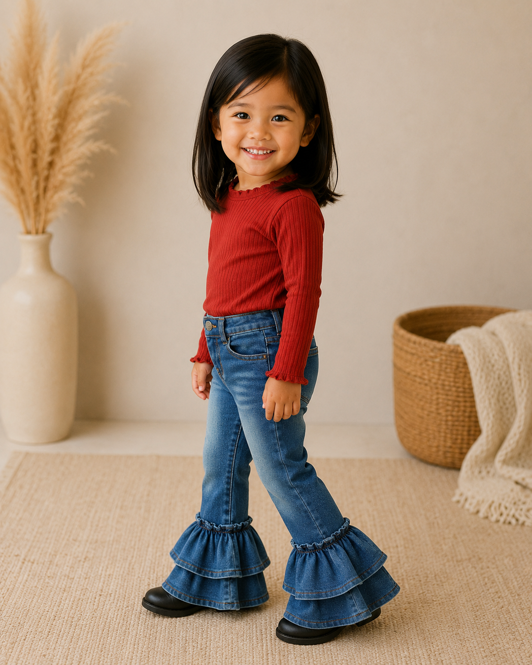 A young girl with dark hair smiling and posing in a red ribbed long-sleeve top and blue denim flare jeans with ruffled hems, standing in a warm, neutral-toned room with a vase of dried grass and a woven basket.