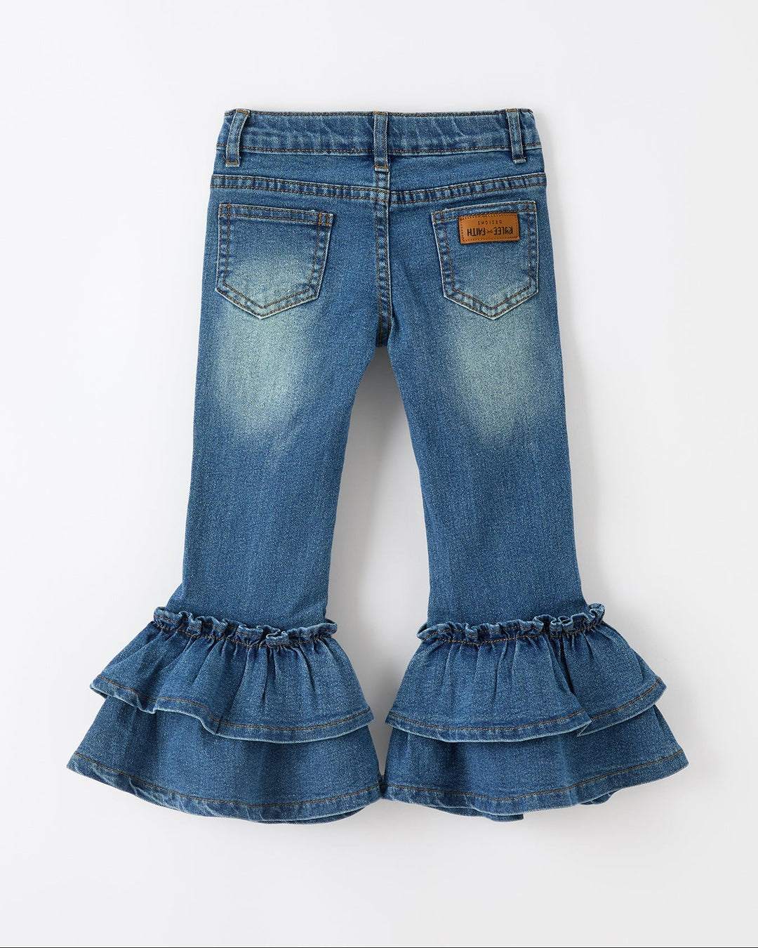 Girls denim leggings with double ruffle bell hems and front pockets