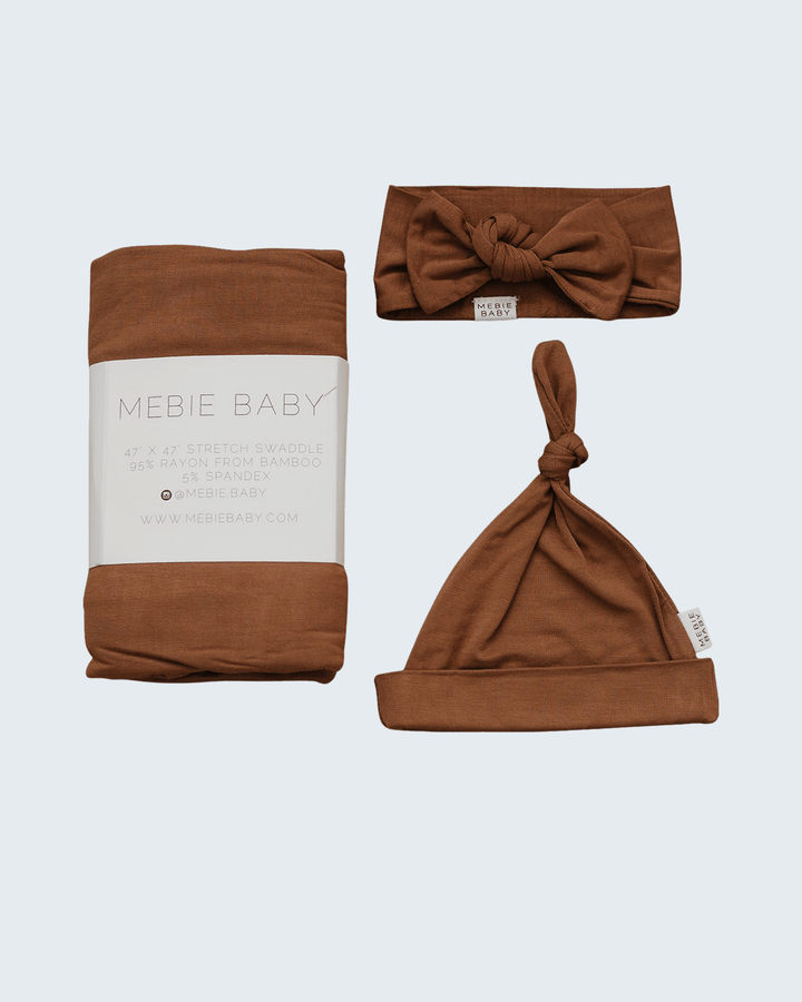 Rust bamboo swaddle with knot head wrap and tied top hat, brown fabric set