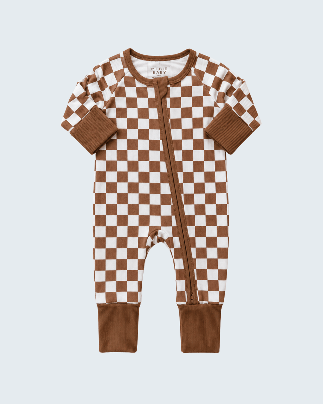 Brown/white checkered ribbed bamboo zipper romper with long sleeves and front zipper