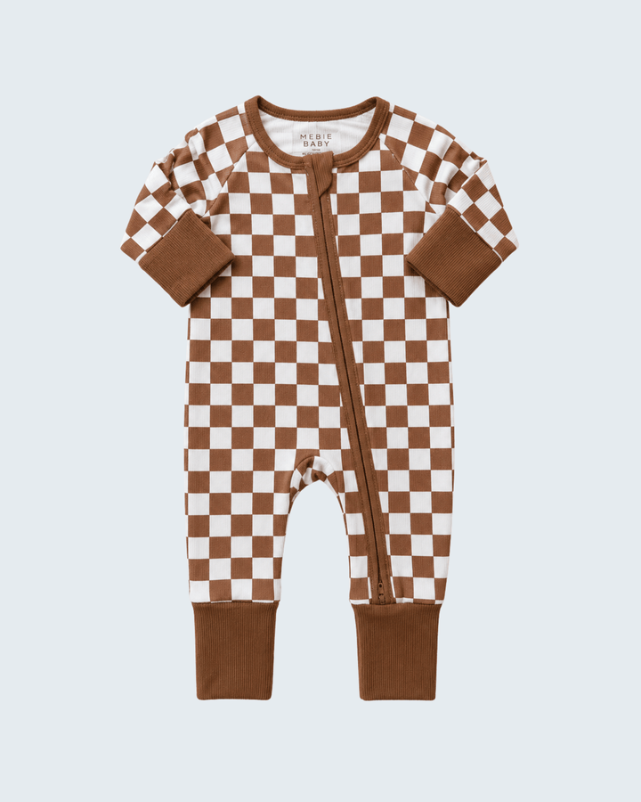 Brown/white checkered ribbed bamboo zipper romper with long sleeves and front zipper