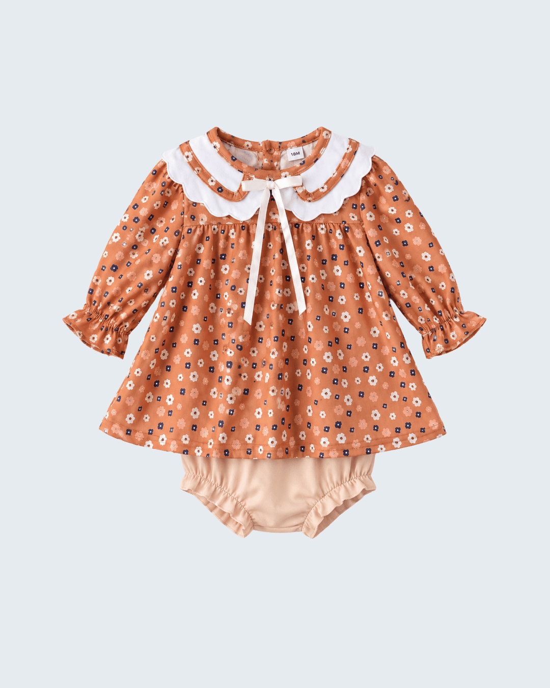Rust floral dress and cream bloomer shorts set with tied bow Peter Pan collar