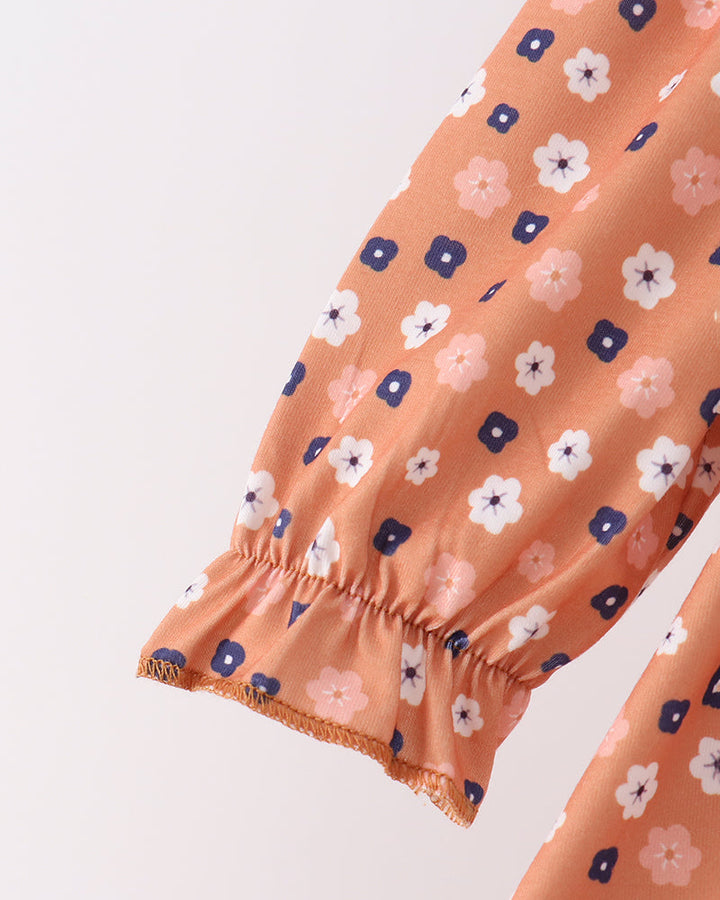Rust floral bloomer set with white Peter Pan collar and puff-sleeve dress, ruffle hem