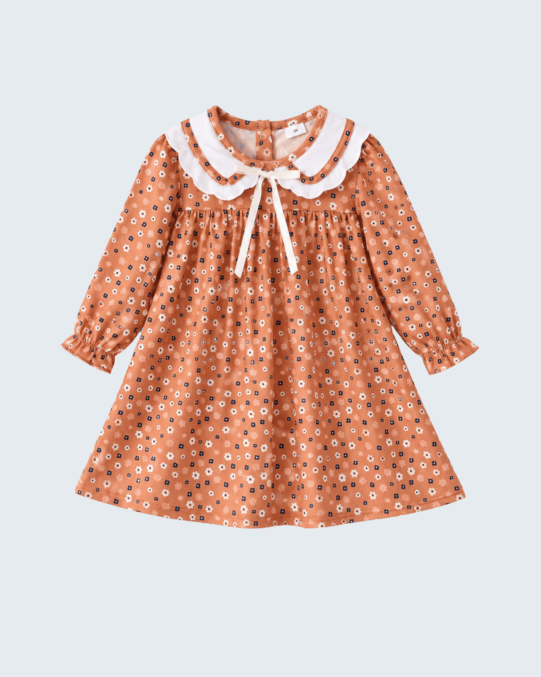 Rust floral A-line dress with white Peter Pan collar and gathered waist