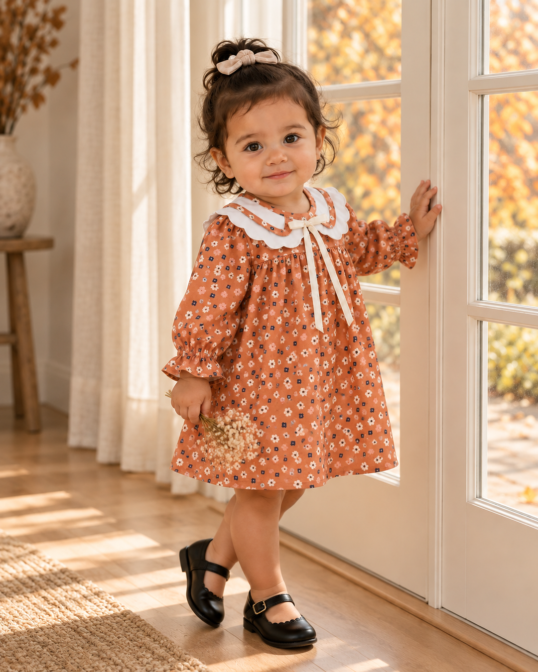 Rust floral dress on toddler with white Peter Pan collar and bow-front ties