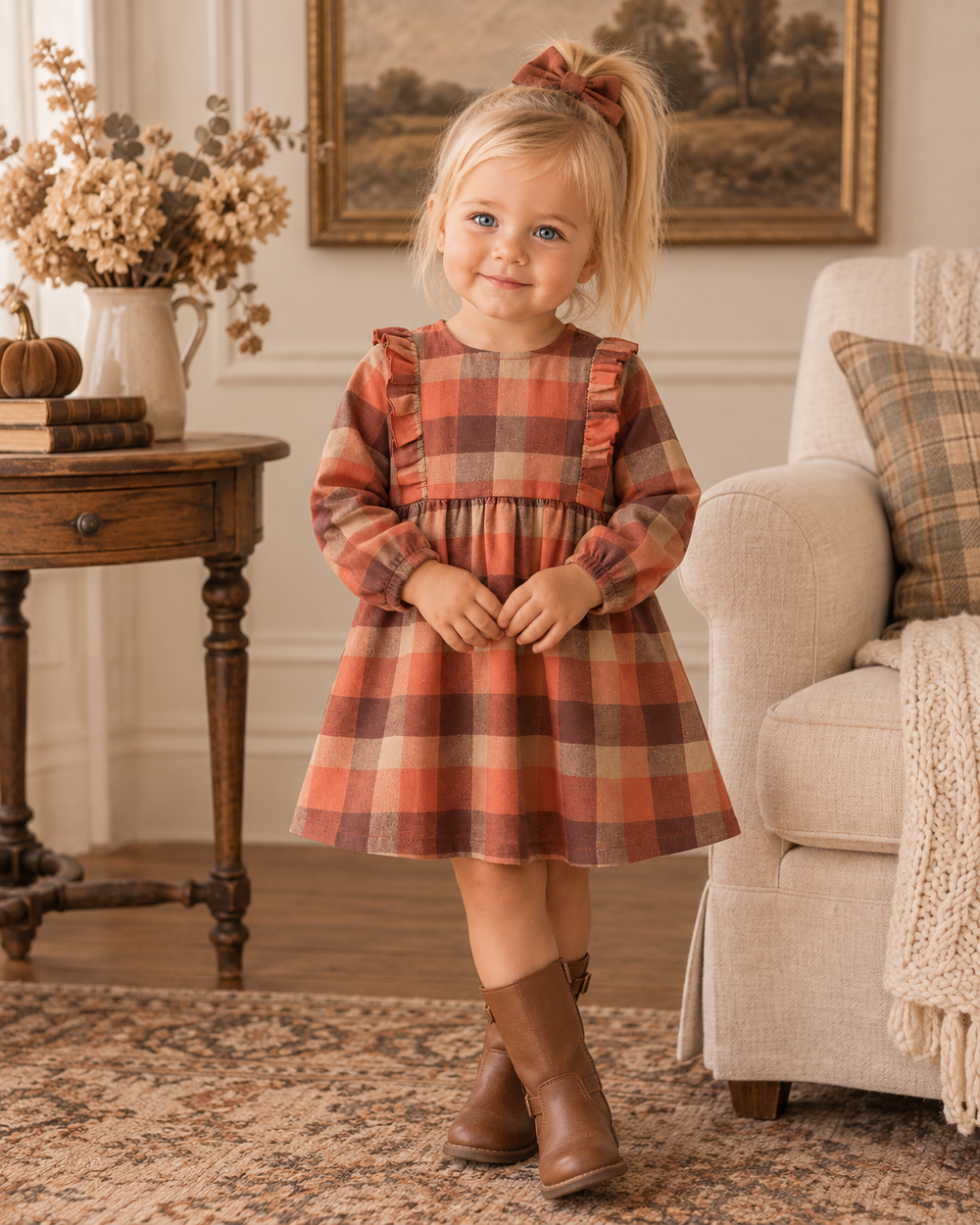 Young girl in a plaid dress. She is standing in a living room.