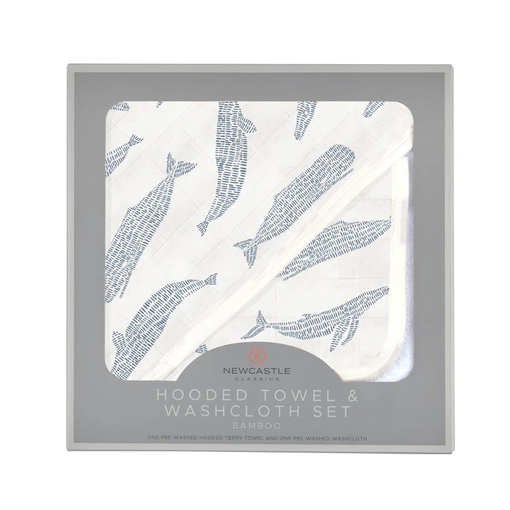 Blue Shadow Whales Bamboo Hooded Towel and Washcloth Set
