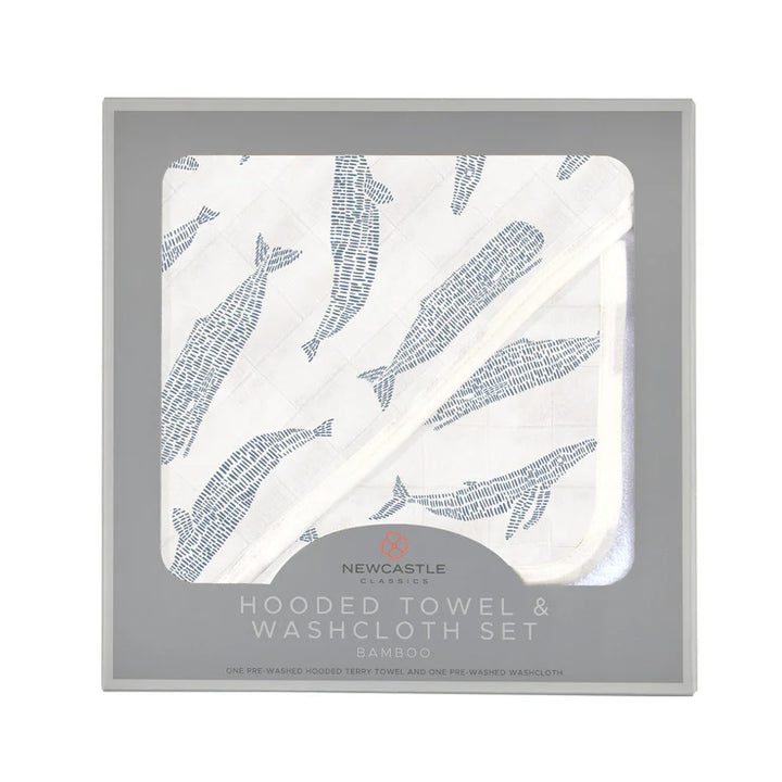 Blue Shadow Whales Bamboo Hooded Towel and Washcloth Set