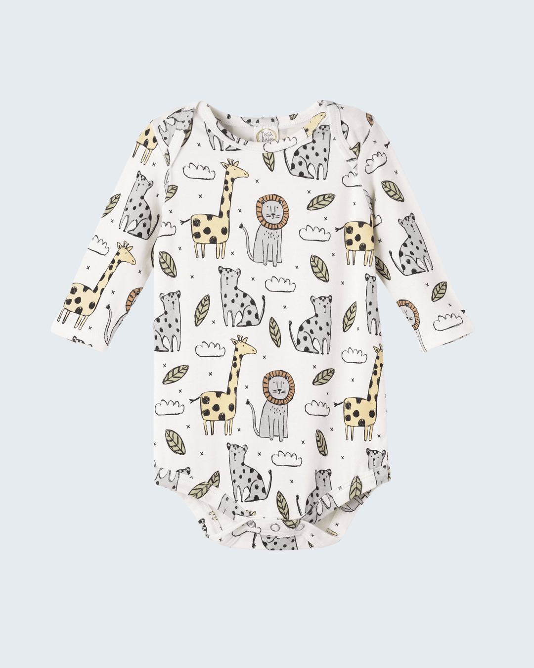 Baby bamboo bodysuit with long sleeves, white, safari animal prints and snap closure.