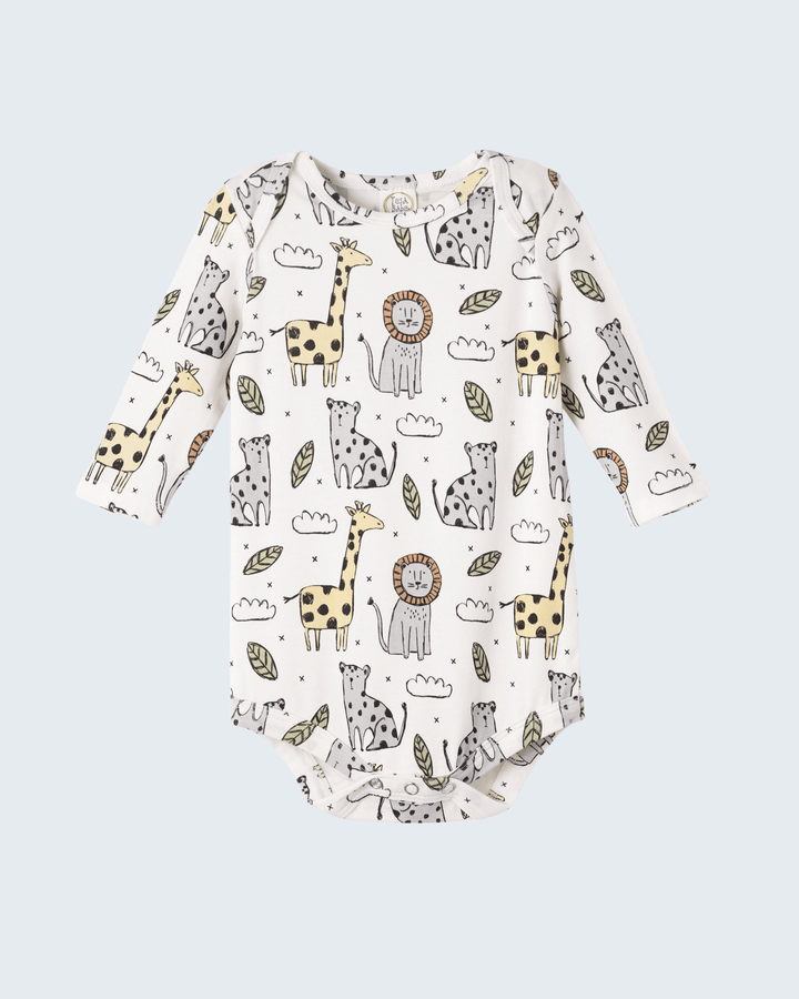 Baby bamboo bodysuit with long sleeves, white, safari animal prints and snap closure.