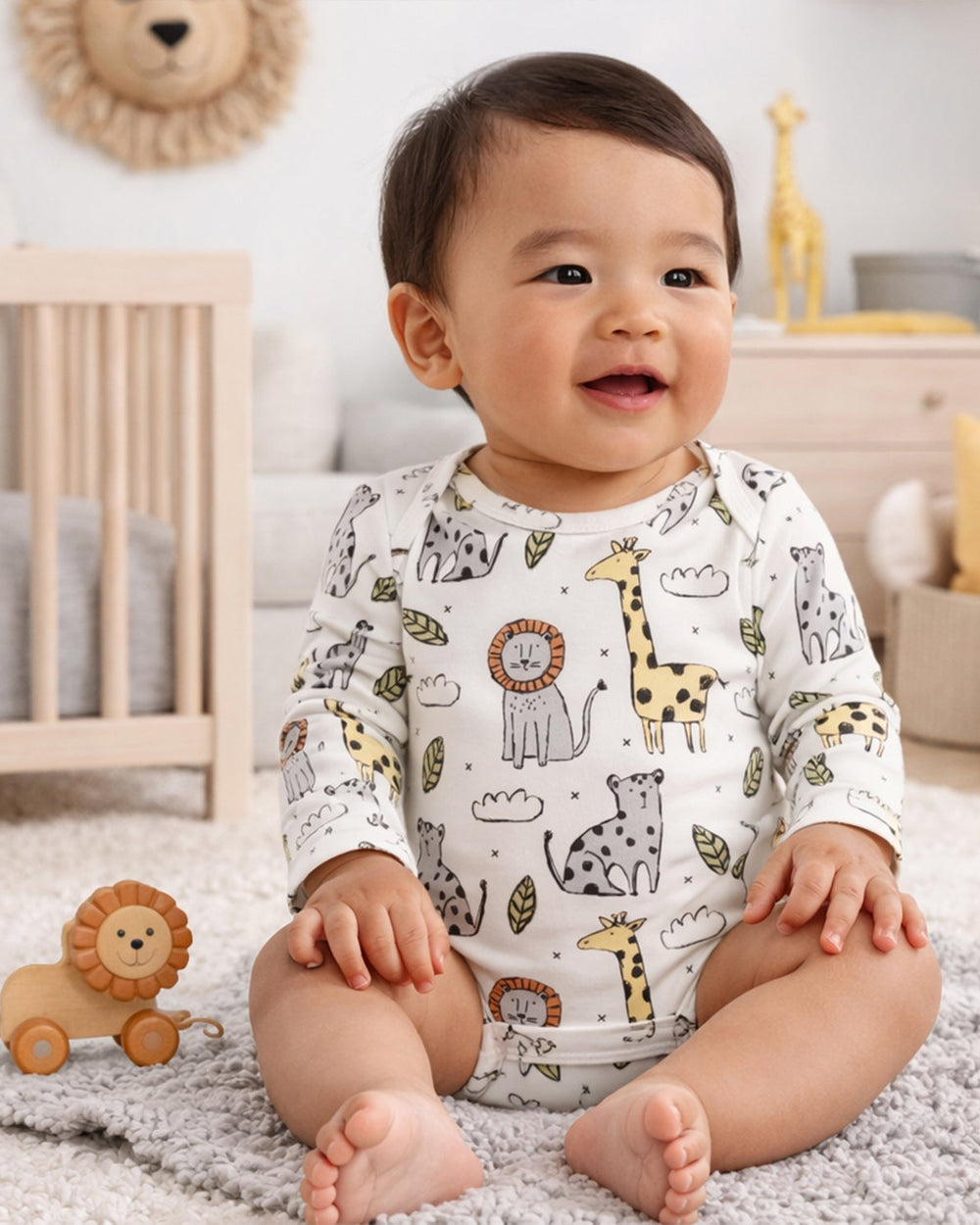 White long-sleeve baby bodysuit with jungle animal pattern