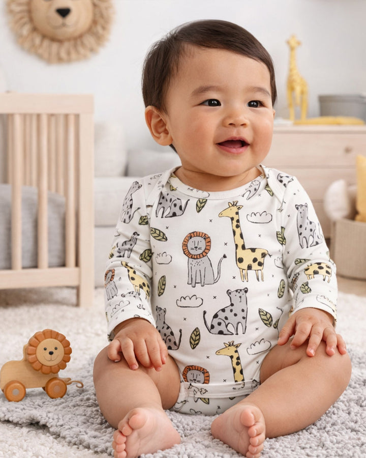 White long-sleeve baby bodysuit with jungle animal pattern