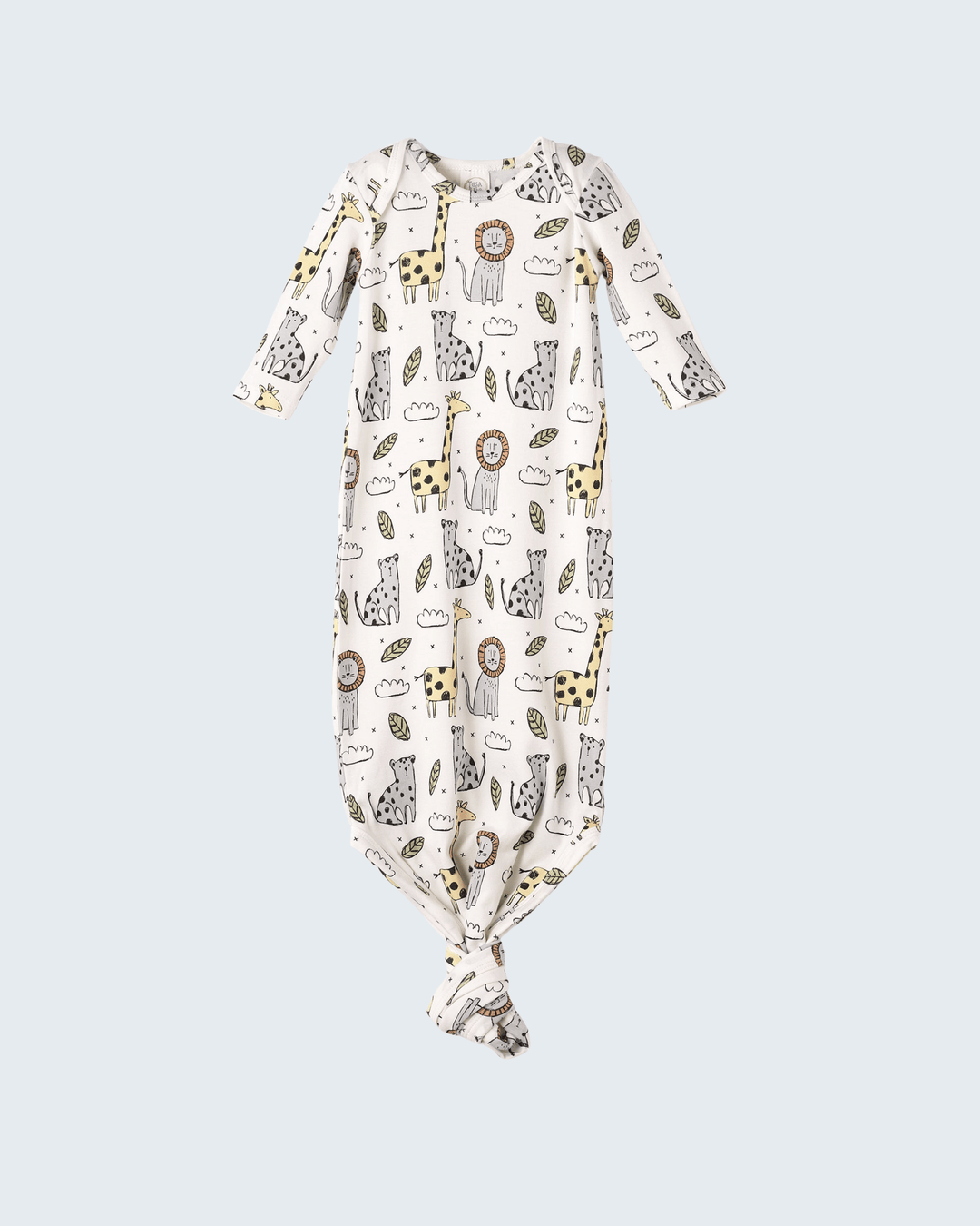 Safari-print bamboo baby knot gown with long sleeves, off-white fabric and animal icons