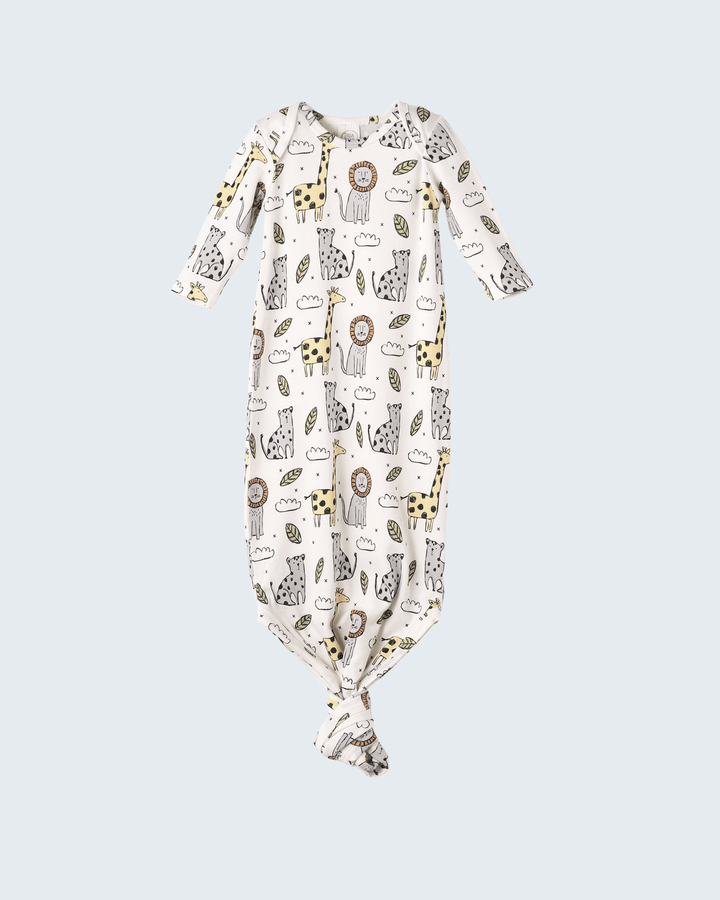 Safari-print bamboo baby knot gown with long sleeves, off-white fabric and animal icons