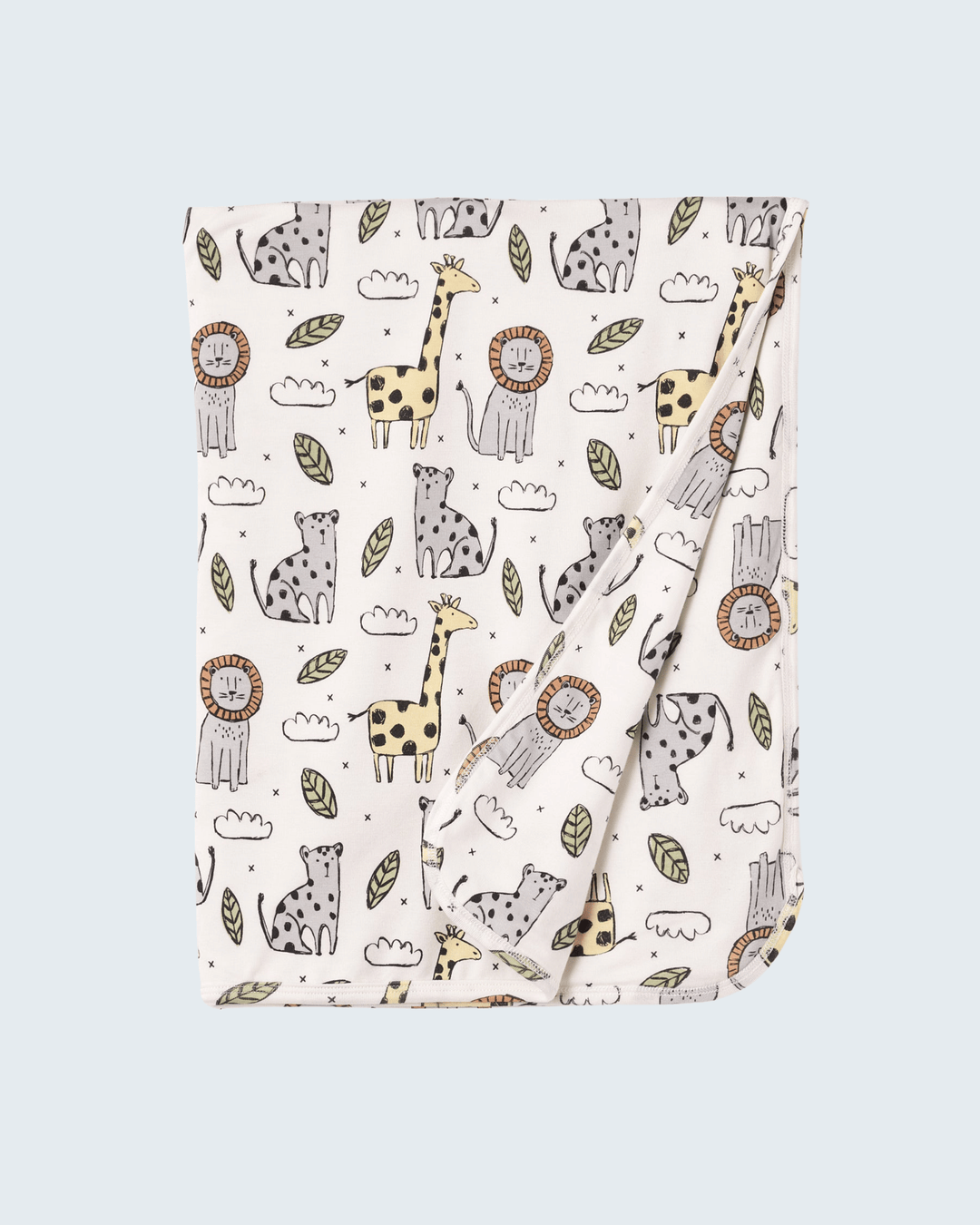 Bamboo baby stroller blanket in white with playful safari animal pattern