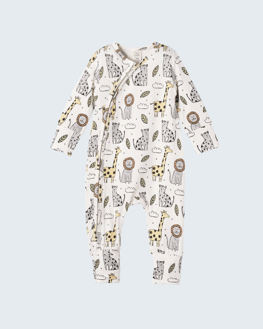 Safari animal print bamboo zipper romper with long sleeves and footed legs