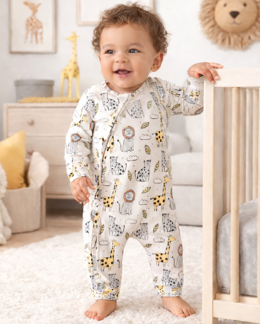 Bamboo baby zipper romper with safari animal print, long sleeves, front zip