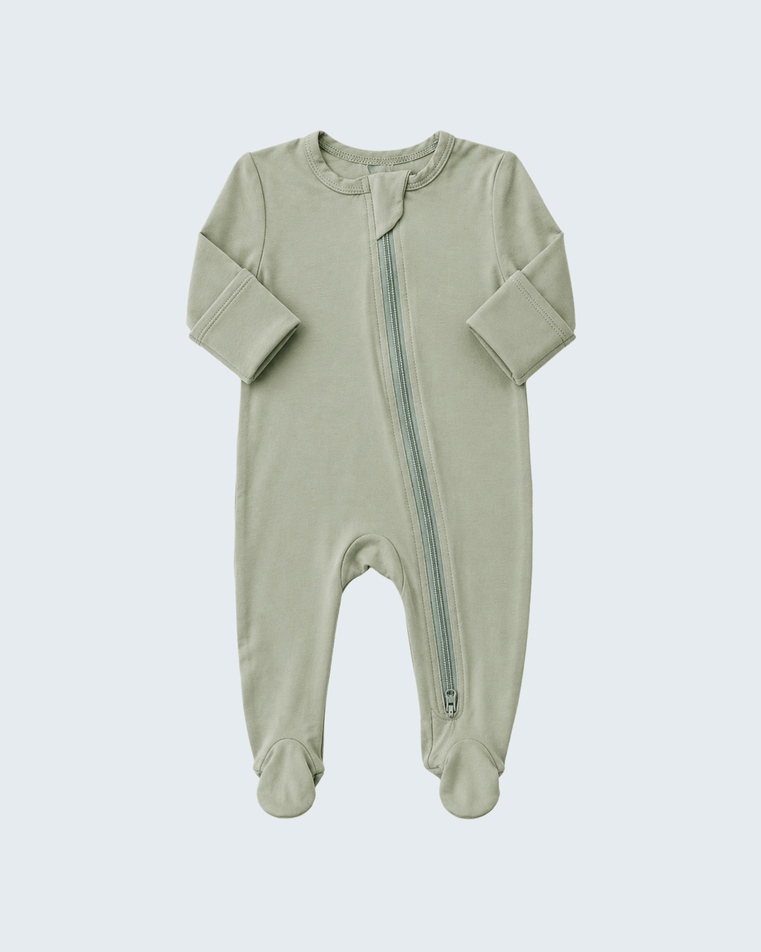 Sage green footed zipper romper with long sleeves and front zipper