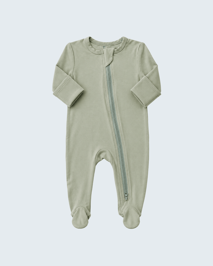 Sage green footed zipper romper with long sleeves and front zipper