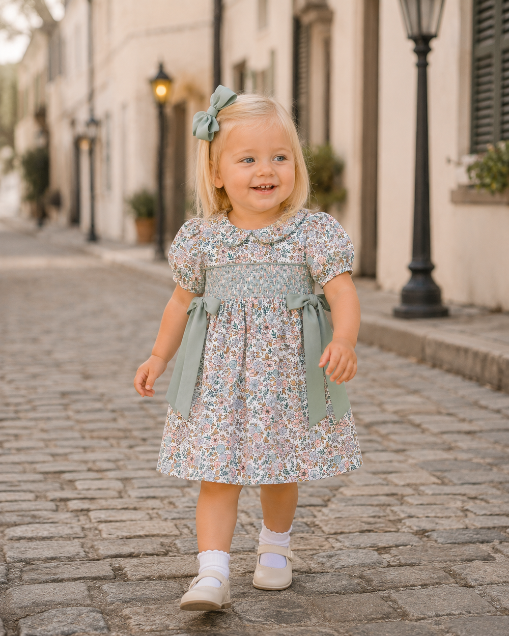 Floral smocked baby dress with sage green bow accents and short puff sleeves