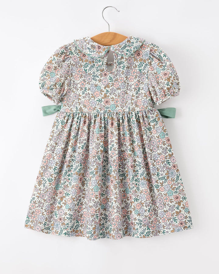 Girls floral smocked dress, short puff sleeves with sage ribbon ties