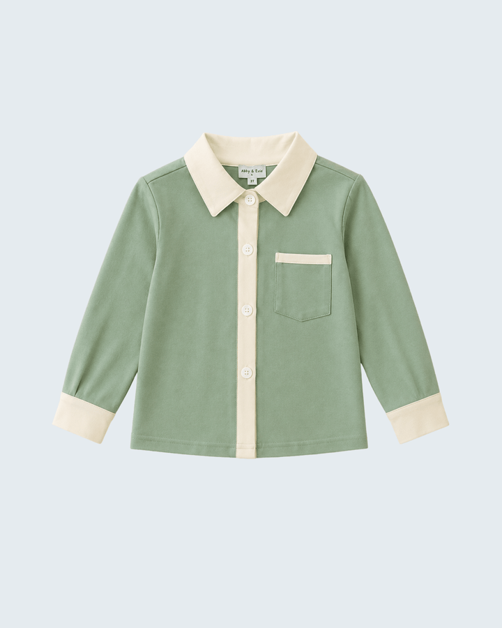 Sage green button-down shirt with cream collar, front buttons, and chest pocket