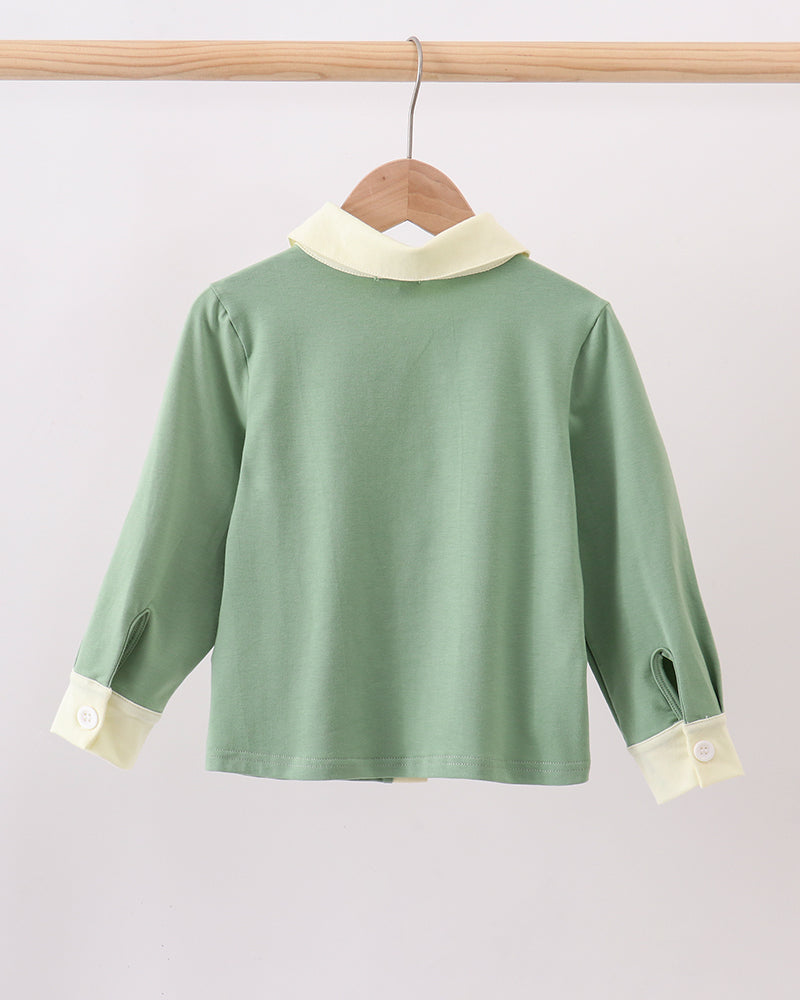 Sage green button-down shirt back view with cream collar and yoke.