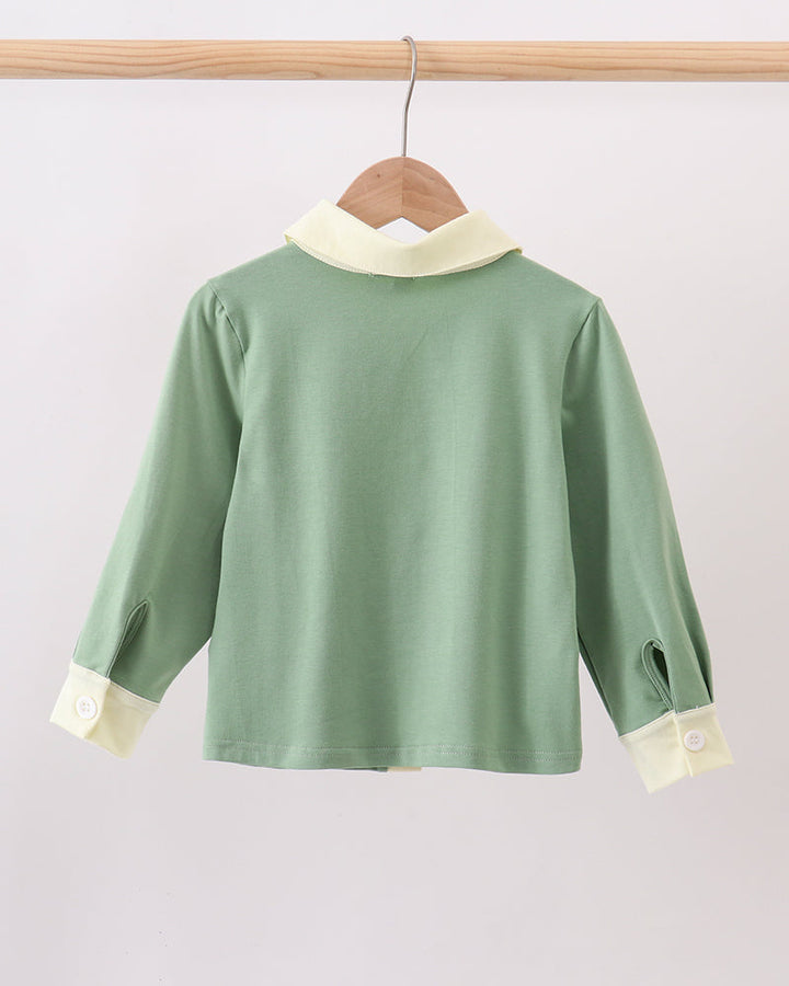 Sage green button-down shirt back view with cream collar and yoke.