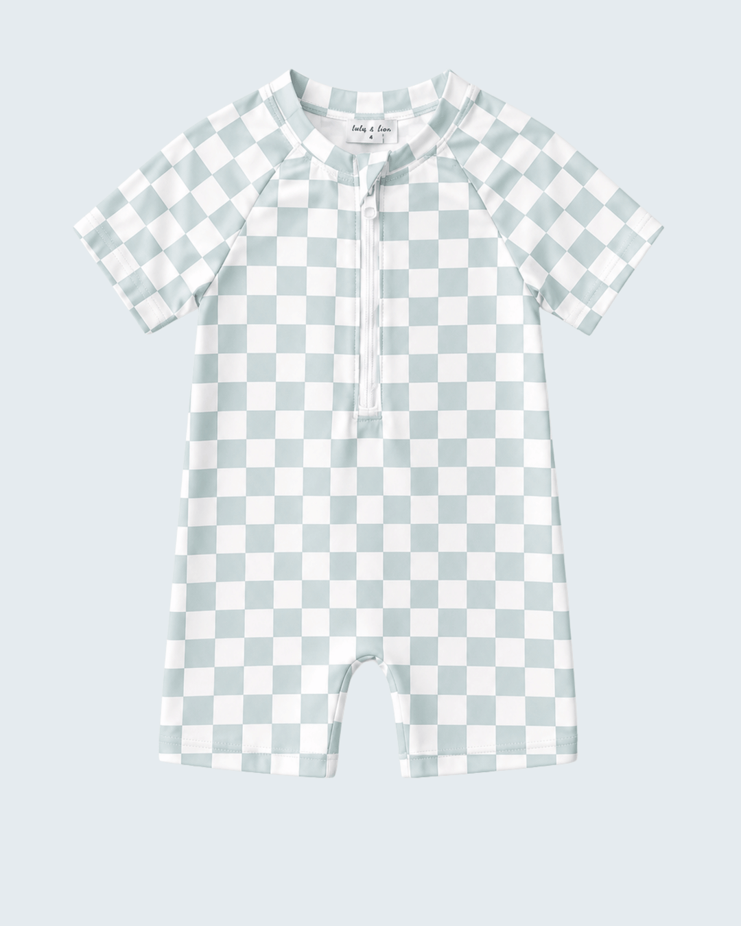 Checkered swimsuit on a light blue background