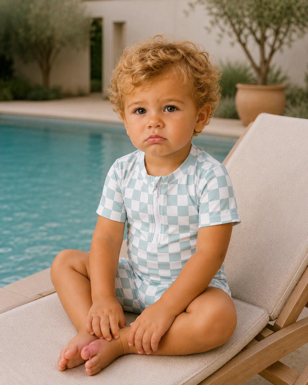 Child sitting on a lounge chair by a pool wearing a checkered outfit.