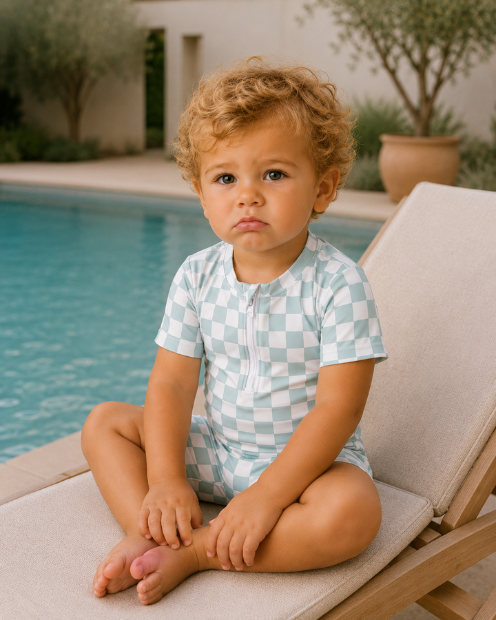 Child sitting on a lounge chair by a pool wearing a checkered outfit.