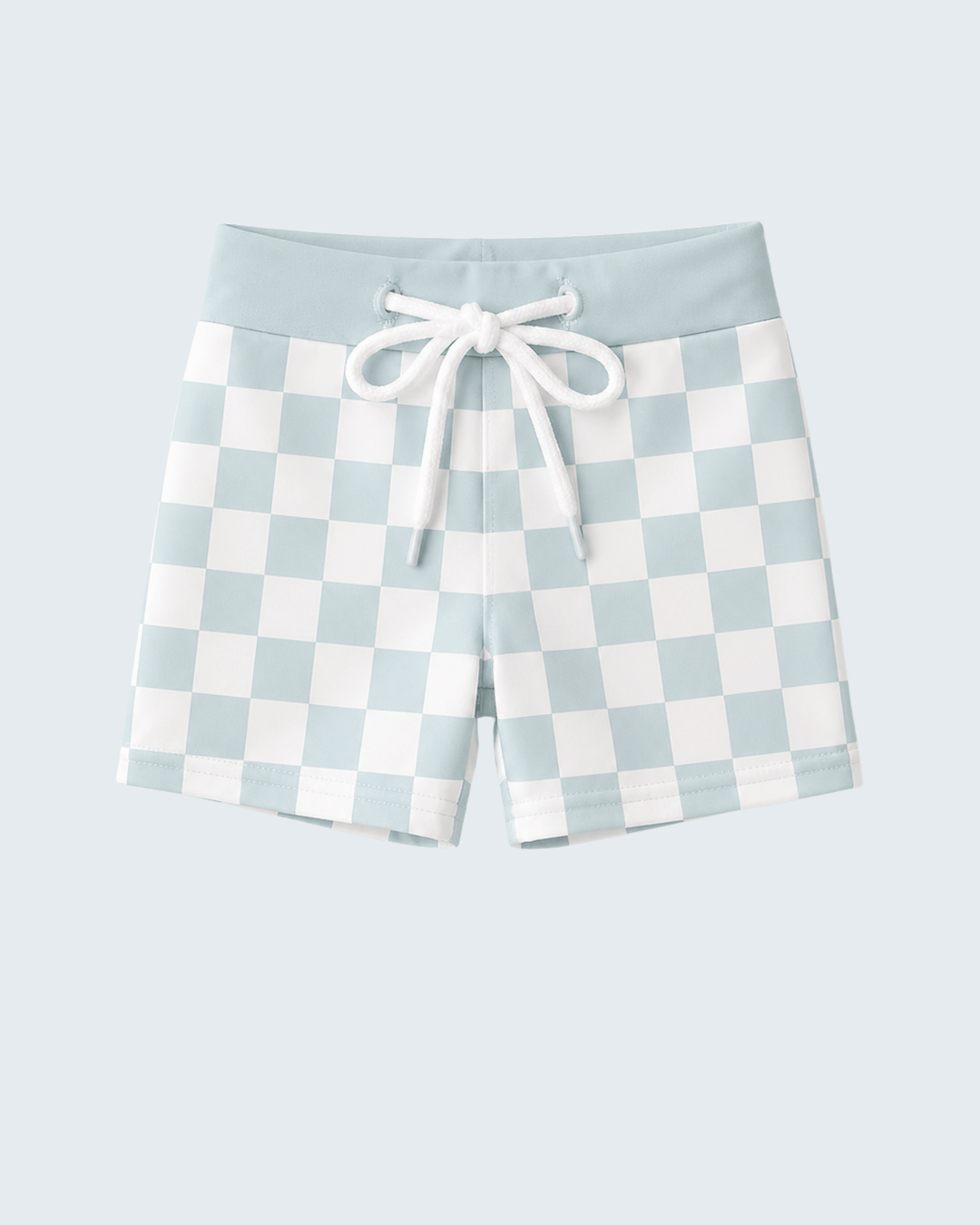 Checkered shorts with a drawstring on a light blue background