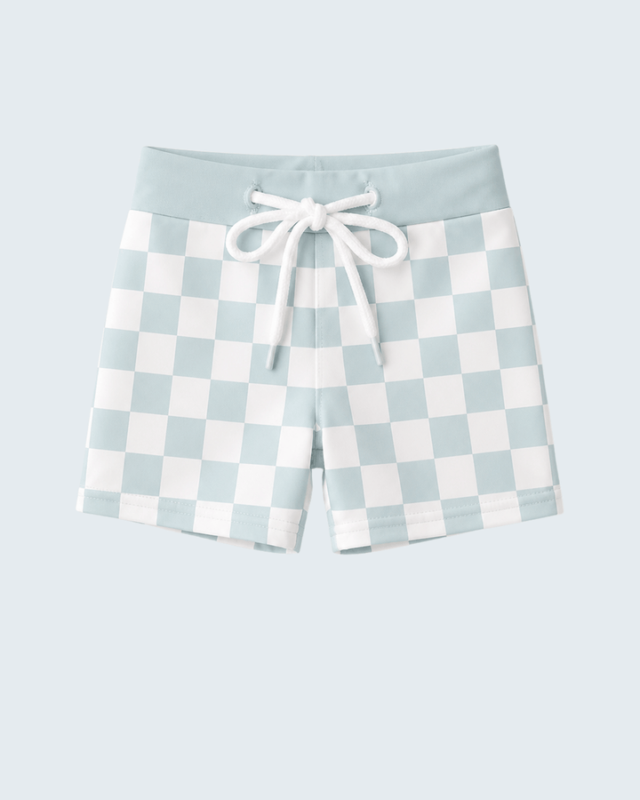 Checkered shorts with a drawstring on a light blue background
