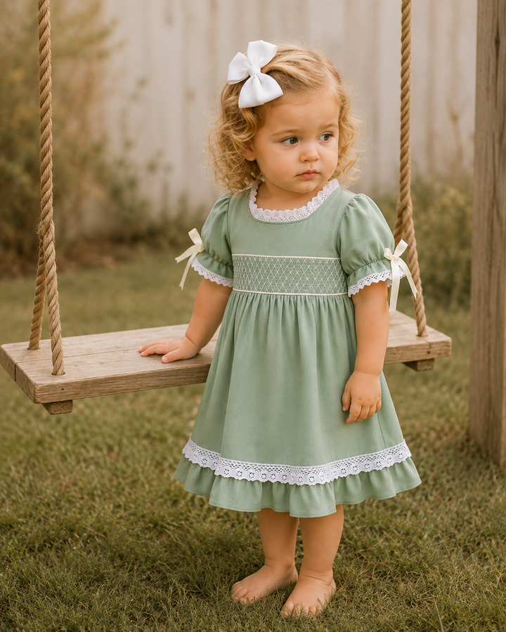 Sage green smocked lace dress with white lace collar and puff sleeves, ribbon ties