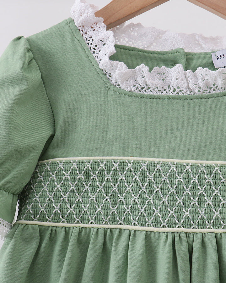 Sage green smocked bodice dress with lace yoke and scalloped lace collar