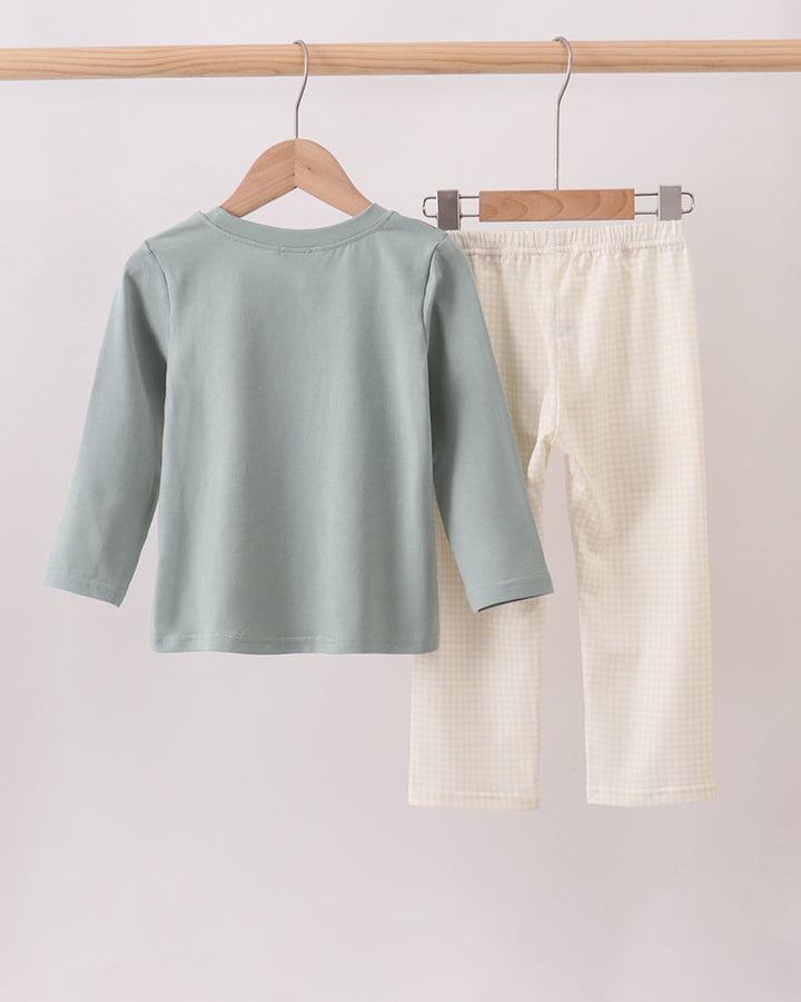 A two-piece baby clothing set hanging on wooden hangers from a light wood rod. The set includes a sage green long-sleeve top and cream-colored gingham pants.