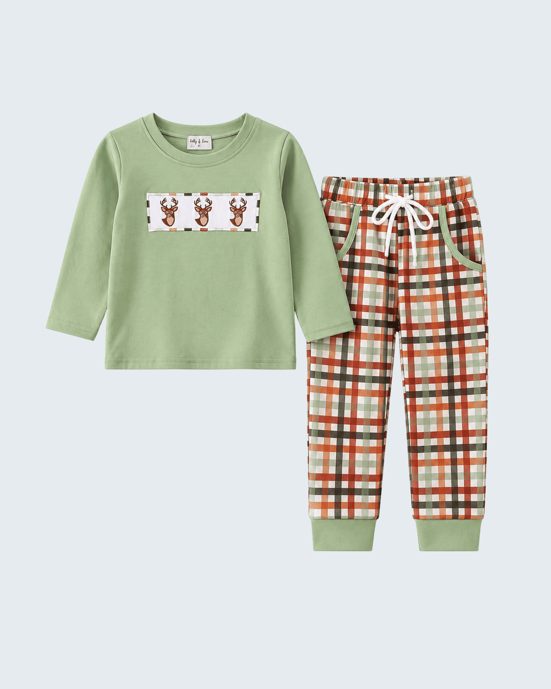 Green long-sleeve top with deer emblem and plaid drawstring pants set