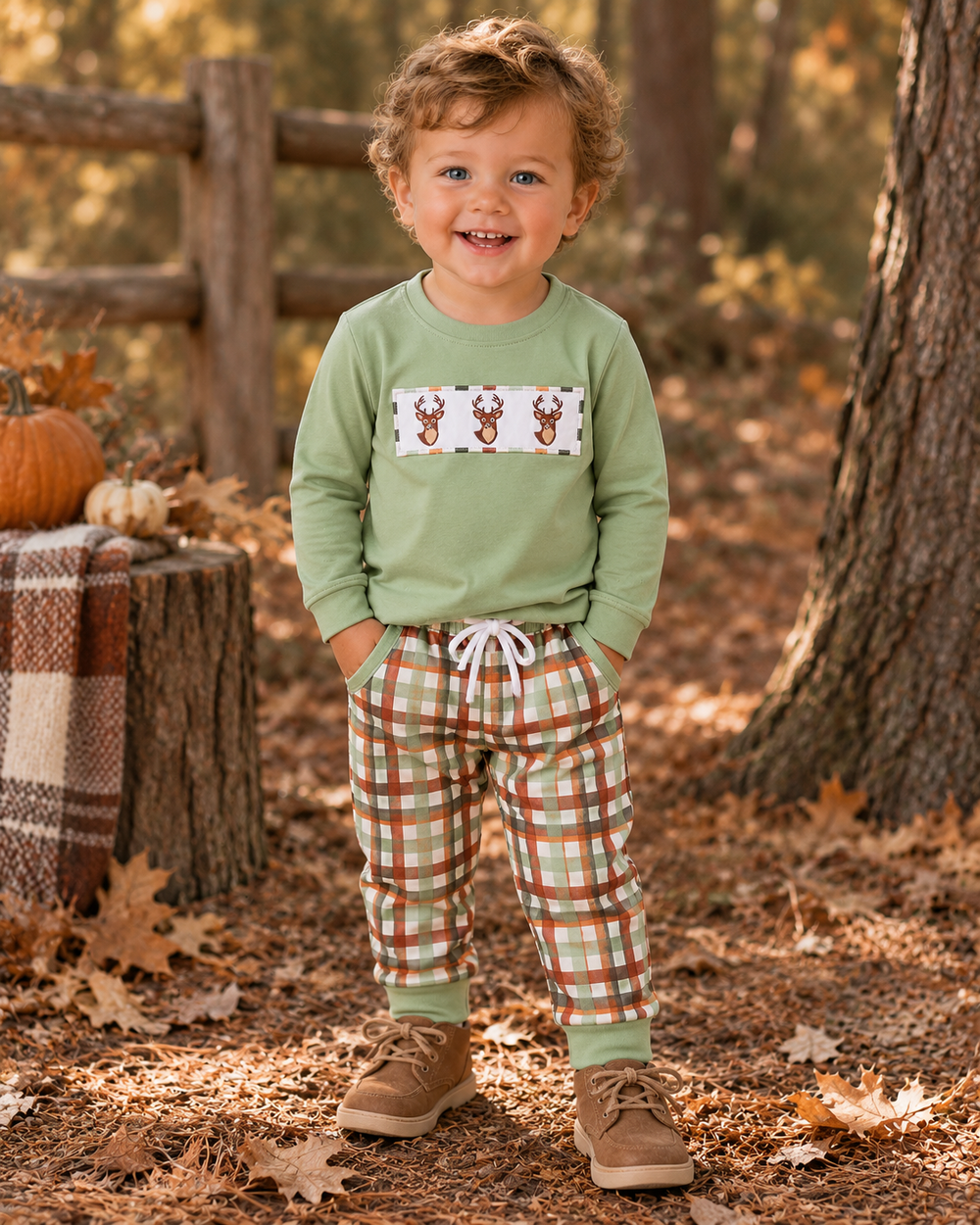Child in green top and plaid deer drawstring pants set, front view