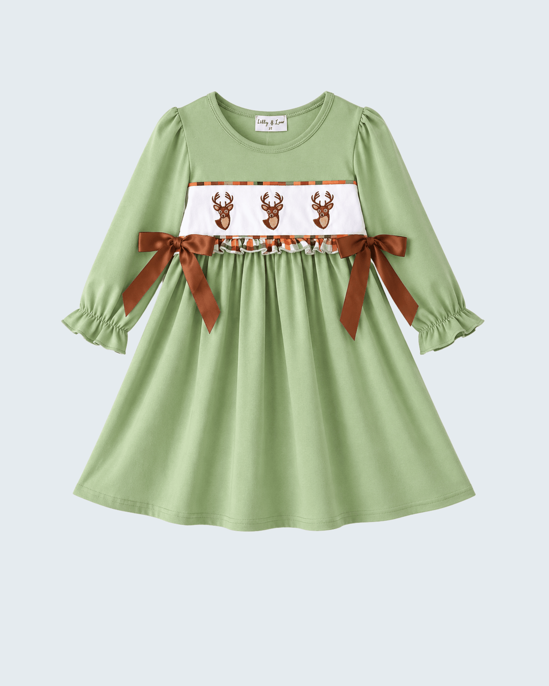 Sage green dress with brown bow accent, deer embroidery, and flared skirt
