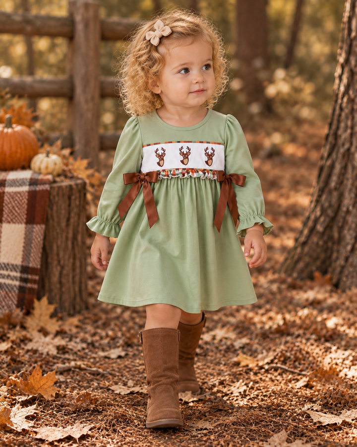 Sage green embroidered deer dress with bows, long sleeves, and twirl skirt