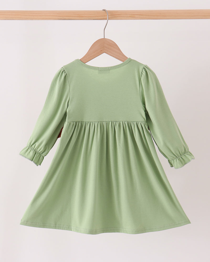 Sage green long-sleeve ruffle dress with gathered skirt and round neckline