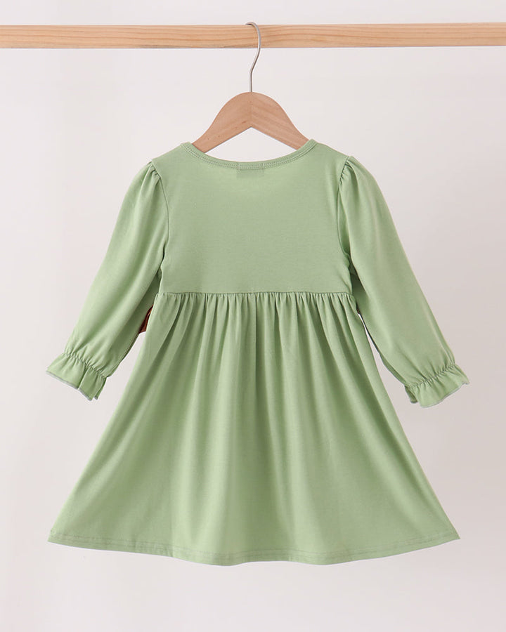 Sage green long-sleeve ruffle dress with gathered skirt and round neckline