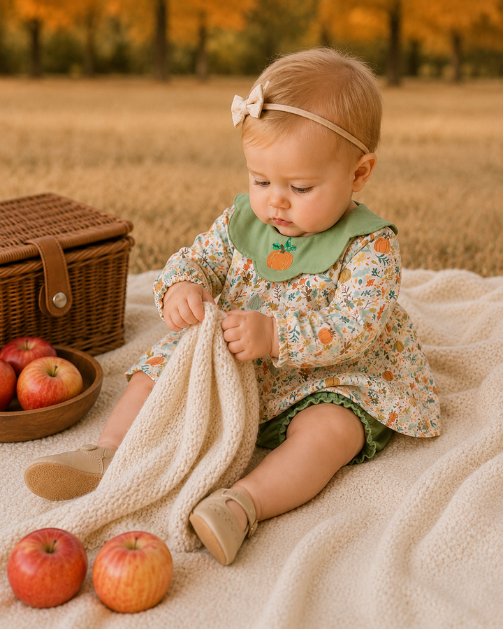 A baby girl sitting on a cream blanket in a field, wearing a long-sleeve floral dress with a green bib and a beige bow headband. A wicker picnic basket, a bowl of red apples, and two loose apples are on the blanket beside her.